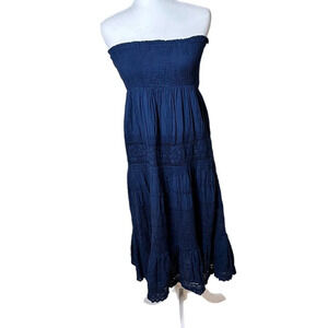 BOHO ME Navy Strapless Lacy Tiered Dress Cover Up - Large